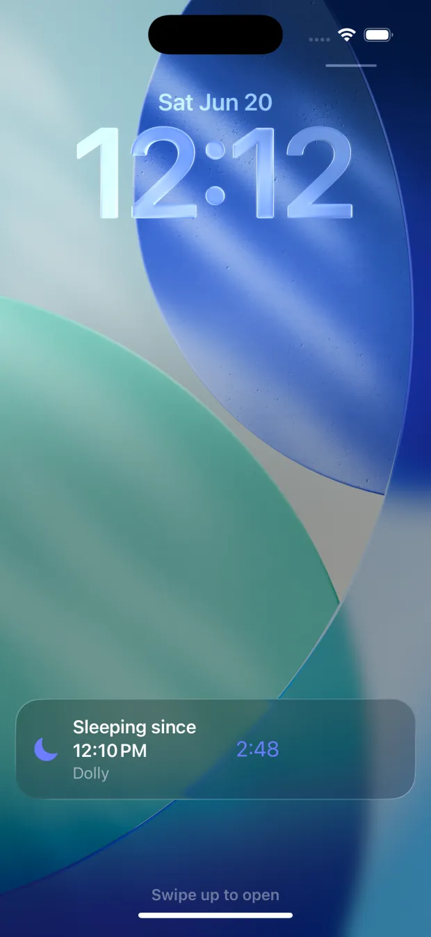iPhone lock screen showing a Tymbr live notification: how long the baby has been sleeping since their nap started