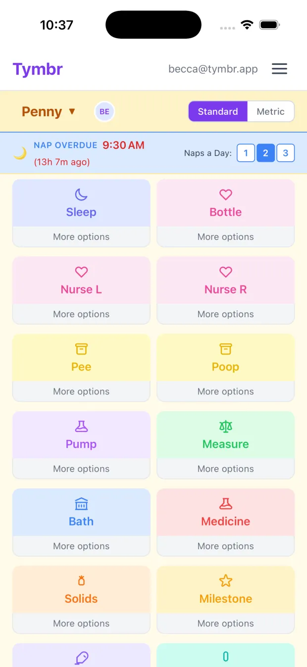 Tymbr quick-log screen with one-tap buttons for sleep, bottle, nursing, pumping, diapers, bath, medicine, solids, and milestones