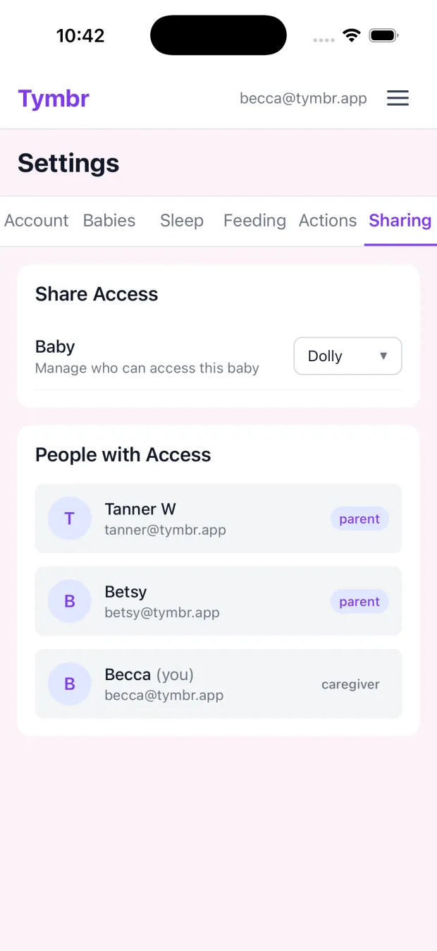 Tymbr sharing screen showing parents and a caregiver with access to the same baby